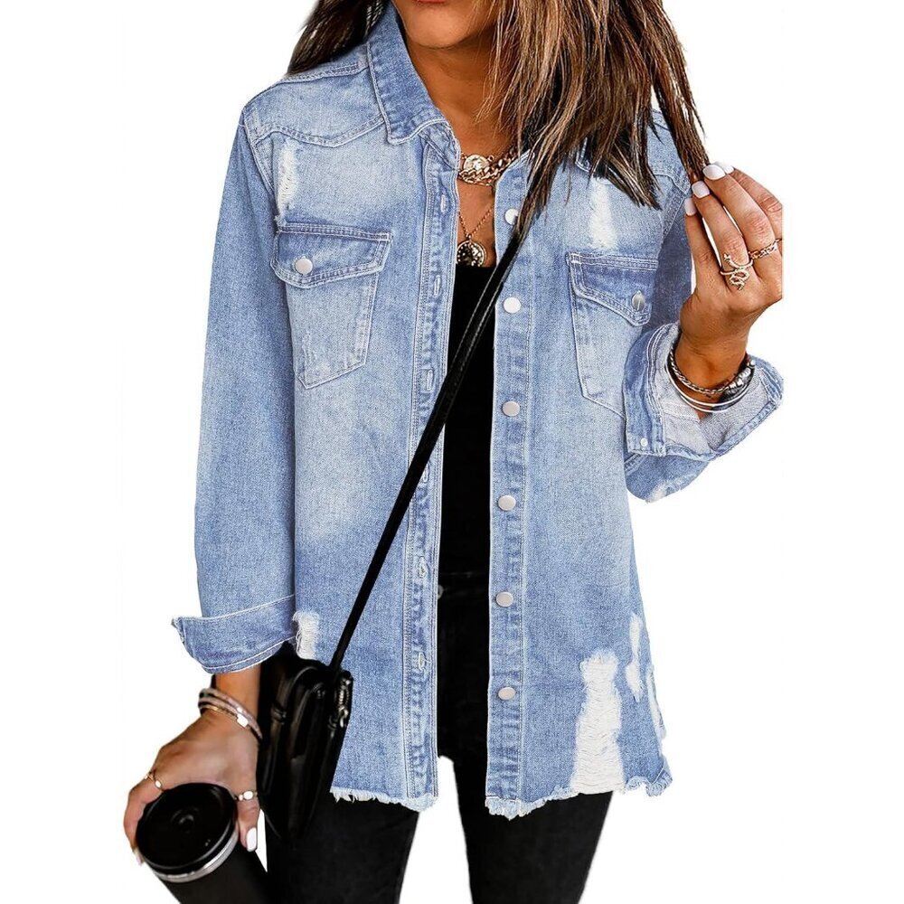 Women's Oversized Denim Jacket Casual Long Sleeve Distressed Fall Outfits